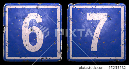 Set of public road sign in blue color with a white numbers 6 and 7 in the center isolated black background. 3d Set of public road sign in blue color with a white numbers 6 and 7 in the center isolated black background. 3d 65255282