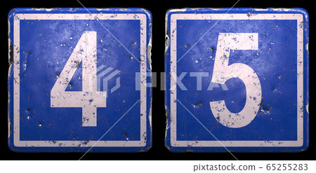 Set of public road sign in blue color with a white numbers 4 and 5 in the center isolated black background. 3d Set of public road sign in blue color with a white numbers 4 and 5 in the center isolated black background. 3d 65255283