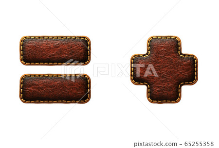 Set of symbols equals and plus made of leather. 3D render font with skin texture isolated on white background. 65255358