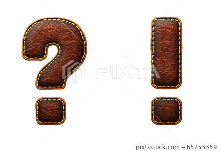 Set of symbols question mark and exclamation mark made of leather. 3D render font with skin texture isolated on white background. 65255359