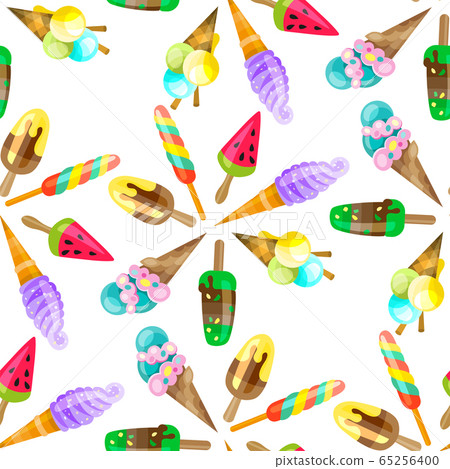 Ice cream cone seamless pattern background. Realistic. Bright and pastel colors. For print and web. 65256400