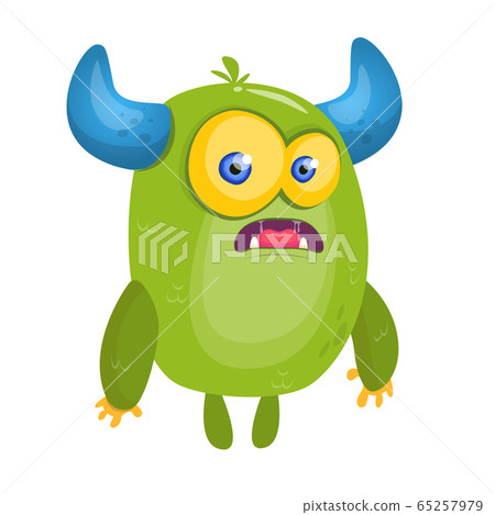 Cartoon surprised green horned monster. Halloween 65257979