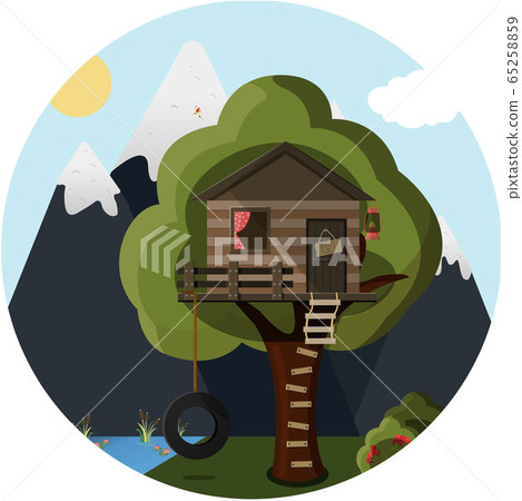 flat tree house in the forest against the background of mountains and lake. Cute vector house for children with a ladder, a tire swing and a camping lantern. flat tree house in the forest against the background of mountains and lake. Cute vector house for children with a ladder, a tire swing and a camping lantern. 65258859