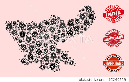 Covid Lockdown Collage of Mosaic Jharkhand State Map and Scratched Seals 65260529