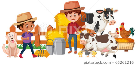 Two farmers and farm animals on white background Two farmers and farm animals on white background 65261216