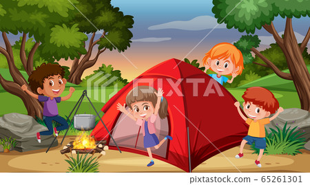 Scene with happy kids camping in the woods 65261301