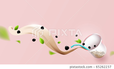 Bubble milk tea and splashing milk in composition of 3D. Vector illustration 65262237