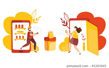 Vector of delivery service. Safety contactless delivery during quarantine. Online order tracking, at home and office. Online shopping. Remote payment. Smartphone with delivery mobile app. Courier. 65263845