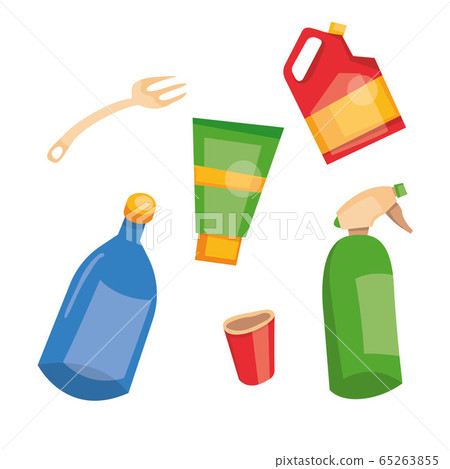 Vector illustration of recycling plastic garbage. Set of used plastic cans, bottle, canister. Sorted trash. Garbage separate 65263855