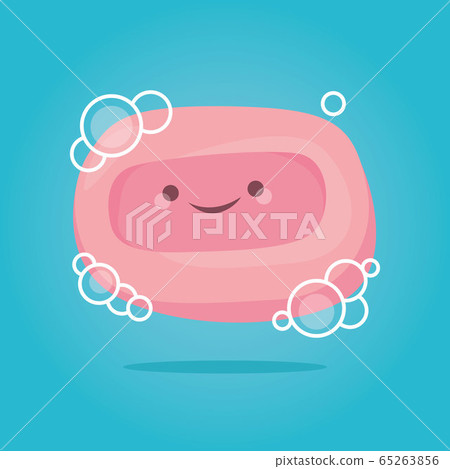 Vector iIllustration of cute soap with bubbles. Viral disease prevention. Daily personal care. Epidemic of Coronavirus precaution tips. Hand hygiene prevention. Vector iIllustration of cute soap with bubbles. Viral disease prevention. Daily personal care. Epidemic of Coronavirus precaution tips. Hand hygiene prevention. 65263856