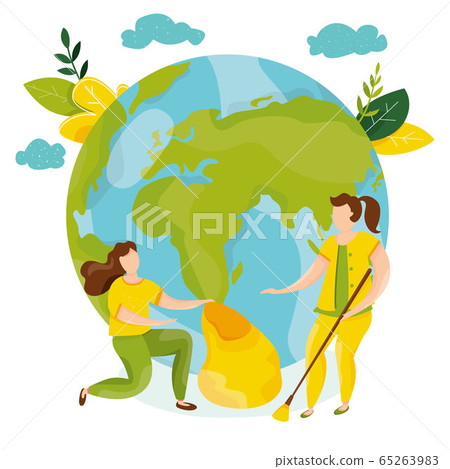 Ecology concept. People take care about planet ecology. Protect nature and ecology banner. Earth day. Globe with trees, plants and volunteer people. Vector illustration 65263983
