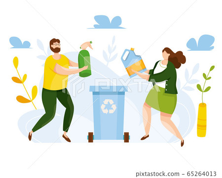 Modern vector illustration of cute people putting rubbish in trash bin. People sorting each type of garbage into the trash. Environmental protection. Ecology concept. Waste separation. Recycle thrash. Modern vector illustration of cute people putting rubbish in trash bin. People sorting each type of garbage into the trash. Environmental protection. Ecology concept. Waste separation. Recycle thrash. 65264013