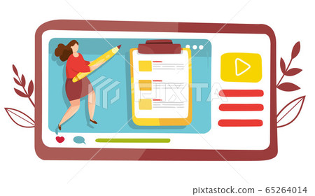 Online business lesson vector. Distance education and online learning. Vconcept of webinar presentation. Streaming and Broadcasting. Live translation. Video tutorial of businesswoman. Quarantine. Online business lesson vector. Distance education and online learning. Vconcept of webinar presentation. Streaming and Broadcasting. Live translation. Video tutorial of businesswoman. Quarantine. 65264014