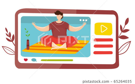 Vector of yoga course. Yoga class at home. Online lesson with teacher. Yoga lesson in mobile app. Quarantine epidemic. Working at home. Stretching and fitness exercises. Live streaming. Broadcast. 65264035