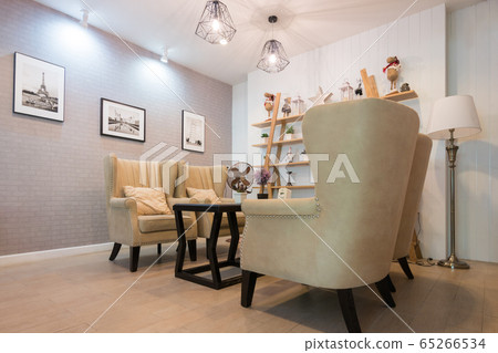 Interior of living room in white and brown color theme 65266534