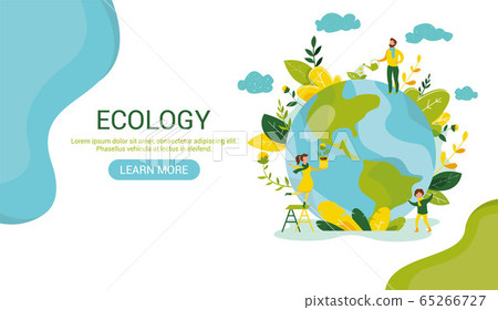 Ecology concept. People take care about planet ecology. Protect nature and ecology banner. Earth day Globe with trees plants and volunteer. Vector illustration. Web template for internet sites headers 65266727