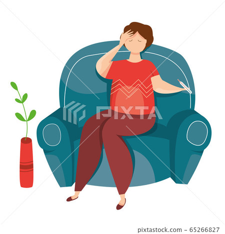 Vector illustration of sick man sitting in armchair with symptoms of cold, high fever. Flu infection. Coronavirus. Season allergy. Self isolation. Epidemic. Pandemic. Viruses infection. Quarantine. 65266827