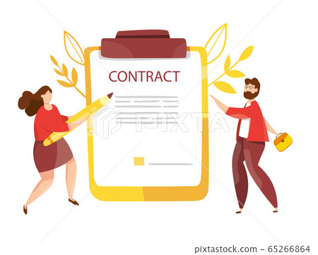 Businessman and businesswoman sign a contract. Cute woman with pencil. Woman signs a cooperation document. Corporate document. Agreement checking. Partnership, Digital Contract. Vector. 65266864