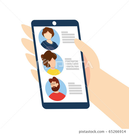 Vector illustration of human Resources app. Businessman find employee in mobile application. Online resume. Remote working. Recruitment and headhunting agency. Hiring. Vacant job. 65266914