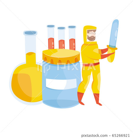 Infectious disease doctor in a medical laboratory. Medical personal with vaccine. Blood samples for chemical analysis. Doctor in protective suit. Epidemic of new viruses. Research Laboratory. Vector. 65266921