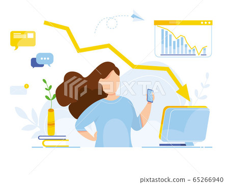 Modern vector illustration of working at home. Woman work in comfortable conditions. Home office. Freelancer with cat, plant. Epidemic quarantine. Self employed concept. Businesswoman with laptop. 65266940
