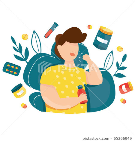 High temperature vector illustration. Symptoms of the disease and sick. Temperature, cough, runny nose. Epidemic. Pandemic. Coronavirus. Quarantine. Virus attack. With drug, pills and medical stuff. 65266949