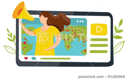 Vector illustration of breaking news. Epidemic Coronavirus COVID-19 spread in the world. Blogger on his channel talks about news in the world. Live streaming. Broadcast. Global infections at the world Vector illustration of breaking news. Epidemic Coronavirus COVID-19 spread in the world. Blogger on his channel talks about news in the world. Live streaming. Broadcast. Global infections at the world 65266969