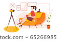 Vector illustration of creative blogging at home. Working at home. Quarantine epidemic. Live streaming, broadcast. Vlogger creating content and posting it on social media. Home office. 65266985