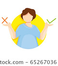 Modern vector illustration of difficult decission. Green tick symbol and red cross sign. Concept of corrrect or incorrect choice and decision making. Dilemma. The young man does not know what to do. 65267036