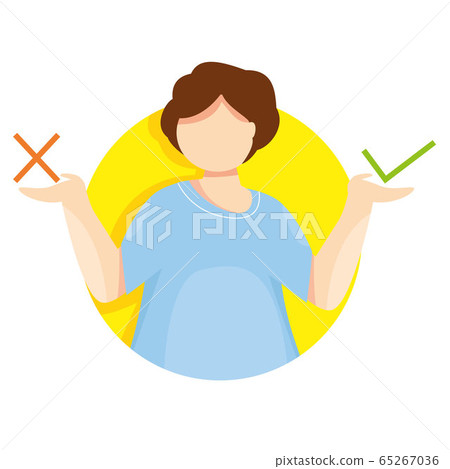 Modern vector illustration of difficult decission. Green tick symbol and red cross sign. Concept of corrrect or incorrect choice and decision making. Dilemma. The young man does not know what to do. Modern vector illustration of difficult decission. Green tick symbol and red cross sign. Concept of corrrect or incorrect choice and decision making. Dilemma. The young man does not know what to do. 65267036
