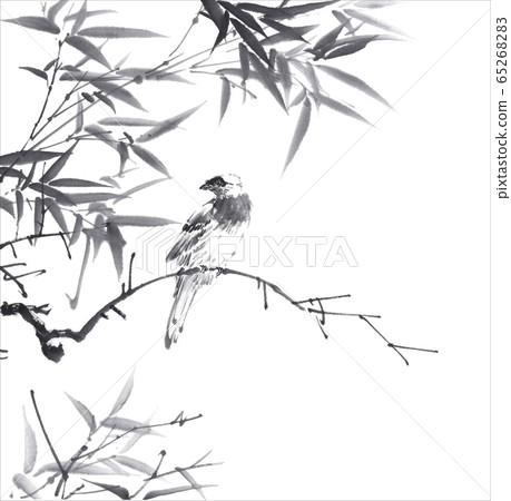 鳥竹水墨畫 65268283