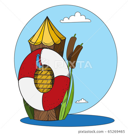 Log and a life buoy in the water. Cartoon drawing for gaming mobile applications 65269465