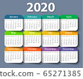 Calendar 2020 year vector design template. Week starting on Monday 65271385