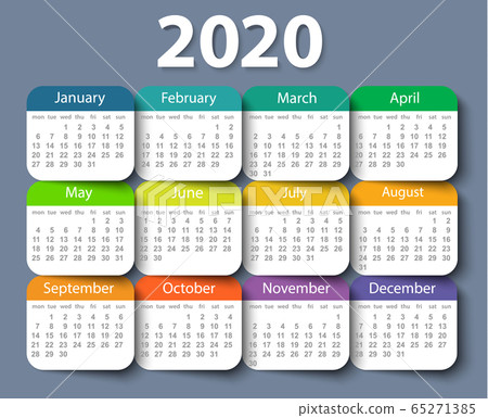Calendar 2020 year vector design template. Week starting on Monday 65271385