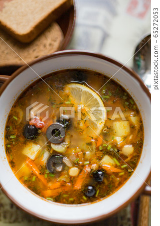 Ceramic plate with soup solyanka, russian Ceramic plate with soup solyanka, russian 65272053