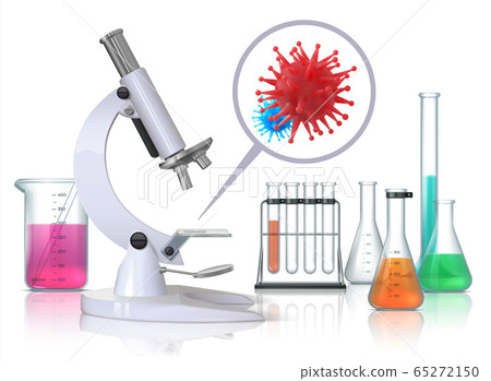 Virus under microscope. Realistic medical laboratory equipment and flu infection magnification, coronavirus disease vaccine research. Vector survey concept Virus under microscope. Realistic medical laboratory equipment and flu infection magnification, coronavirus disease vaccine research. Vector survey concept 65272150