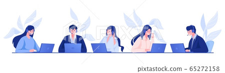 Call center. Customer support and information service concept with cartoon office people, operators on hotline with headsets. Vector set Call center. Customer support and information service concept with cartoon office people, operators on hotline with headsets. Vector set 65272158