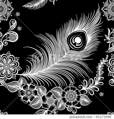 Peacock feathers mehendi, traditional indian henna floral ornament. 65273096