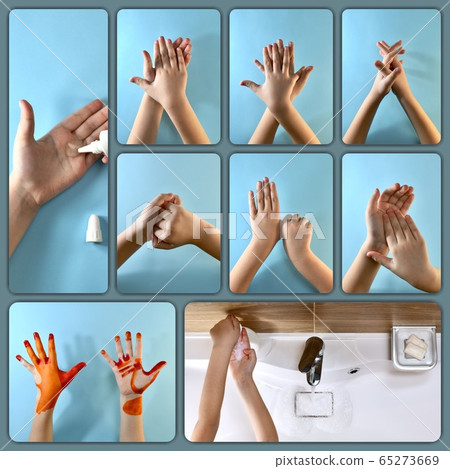 Collage instruction of proper hand washing with Collage instruction of proper hand washing with 65273669