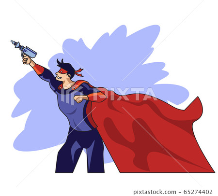 Hero superman man with a weapon in his hand with a red cloak and superman clothes. Goes to the rescue Hero superman man with a weapon in his hand with a red cloak and superman clothes. Goes to the rescue 65274402