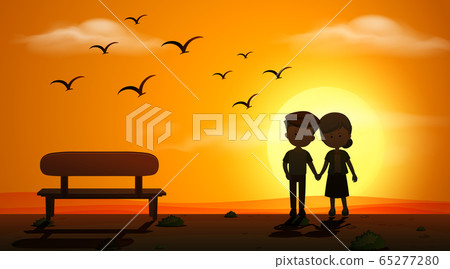 Silhouette scene wtih old couple holding hands at Silhouette scene wtih old couple holding hands at 65277280