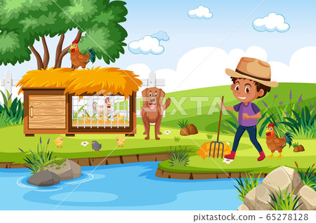 Background scene with chicken coop and farmboy Background scene with chicken coop and farmboy 65278128
