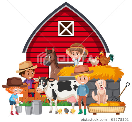 Scene with farmers and many animals on the farm - Stock Illustration ...