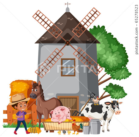 Scene with farmboy and many animals 65278523