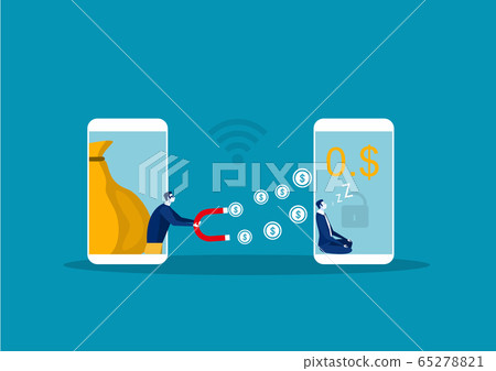 Cyber hacker thief stealing money from businessman smartphone online wallet. Vector illustration Cyber hacker thief stealing money from businessman smartphone online wallet. Vector illustration 65278821