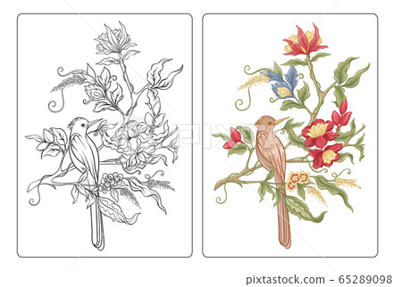 Fantasy flowers in retro, vintage, jacobean embroidery style. 65289098