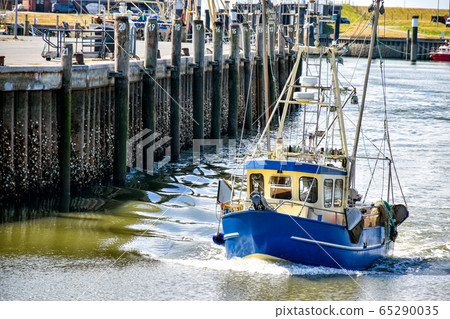 A small fishing boat enters the harbour of Busum in North Frisia in Germany. 65290035