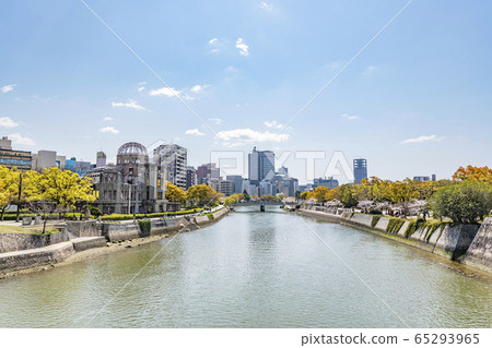 櫻花盛開的和平紀念公園和原爆圓頂周圍的廣島街道 櫻花盛開的和平紀念公園和原爆圓頂周圍的廣島街道 65293965
