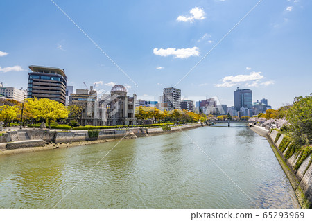 櫻花盛開的和平紀念公園和原爆圓頂周圍的廣島街道 櫻花盛開的和平紀念公園和原爆圓頂周圍的廣島街道 65293969