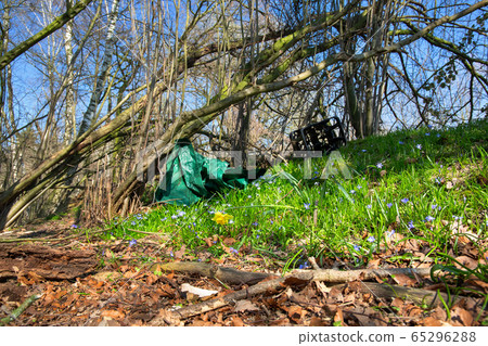 Plastic waste on a covered landfill in northwest Germany with Narcissus and Glory-of-the-sno Plastic waste on a covered landfill in northwest Germany with Narcissus and Glory-of-the-sno 65296288